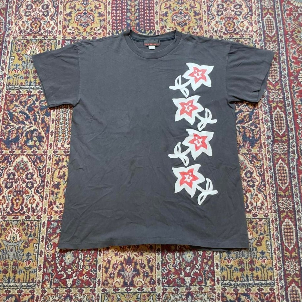 VVTG 90s Marika side striped floral flower graphic tee shirt XL USA‎ black fade